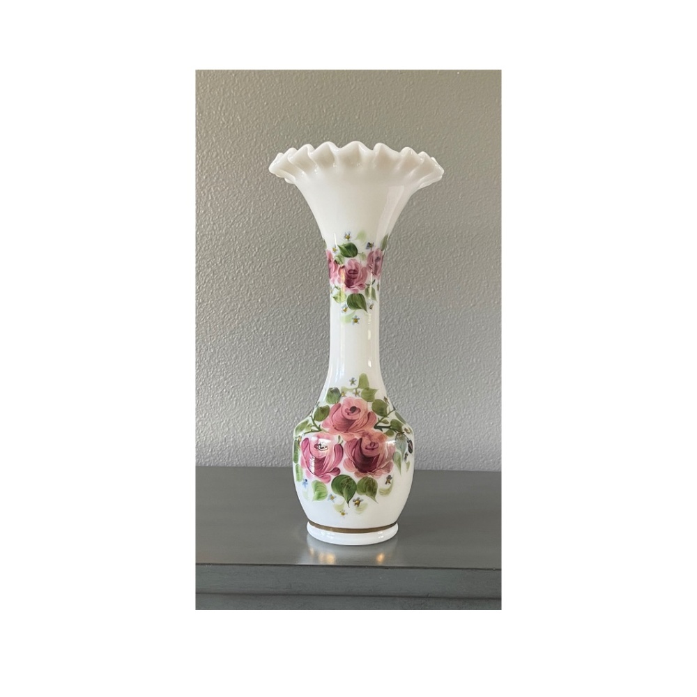 Rainbow Art Glass Company Vintage Hand Painted Rose Floral Fluted Vase-11"